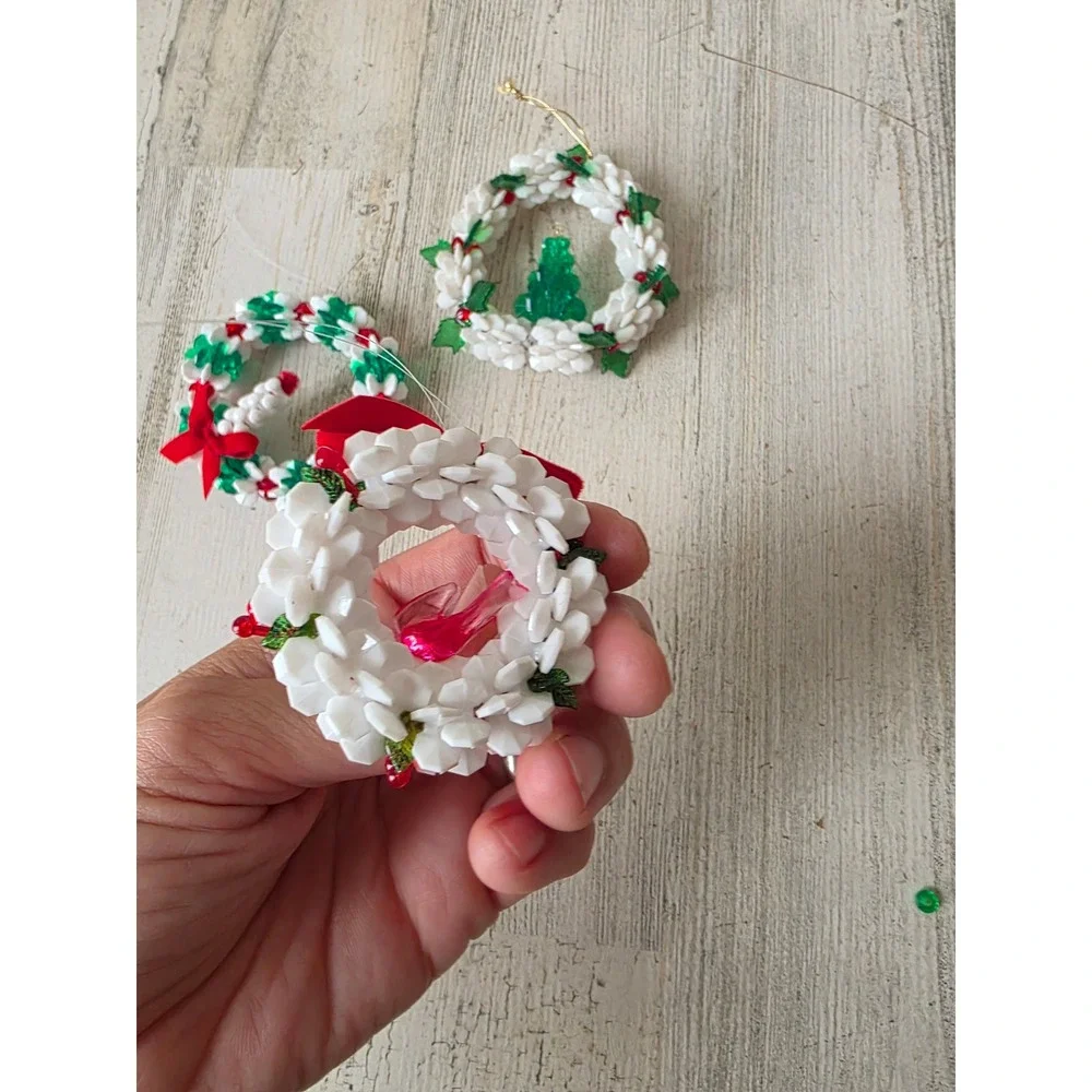 Vintage beaded wreath bird candle ornament Xmas tree